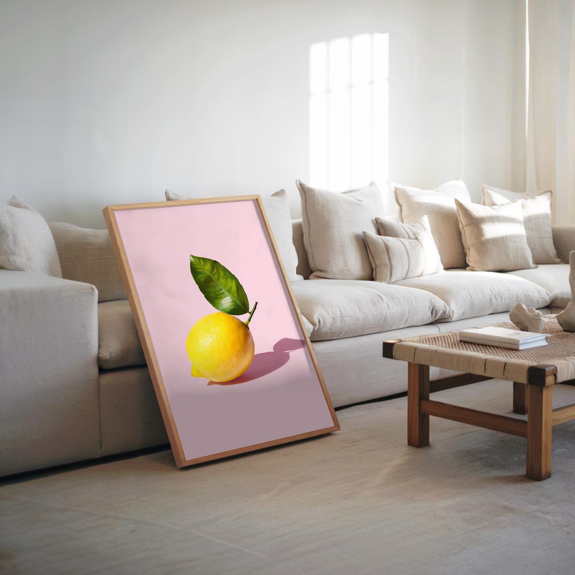 Bright Yellow Lemon on Pink Background Minimalist Kitchen Art Poster