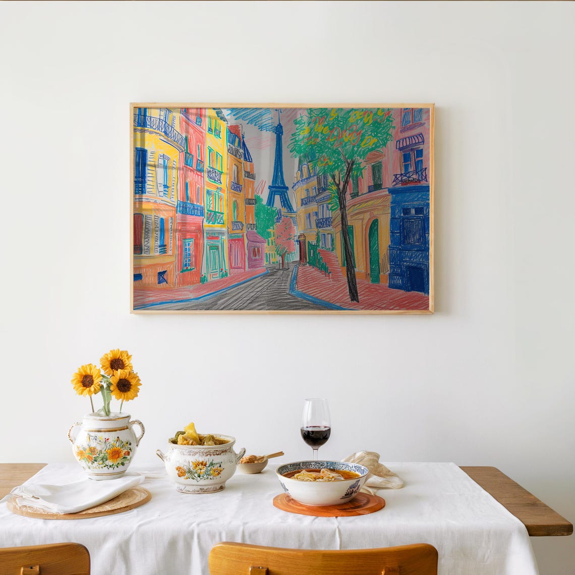 Colorful Paris Street Eiffel Tower Expressionist Crayon Art Poster