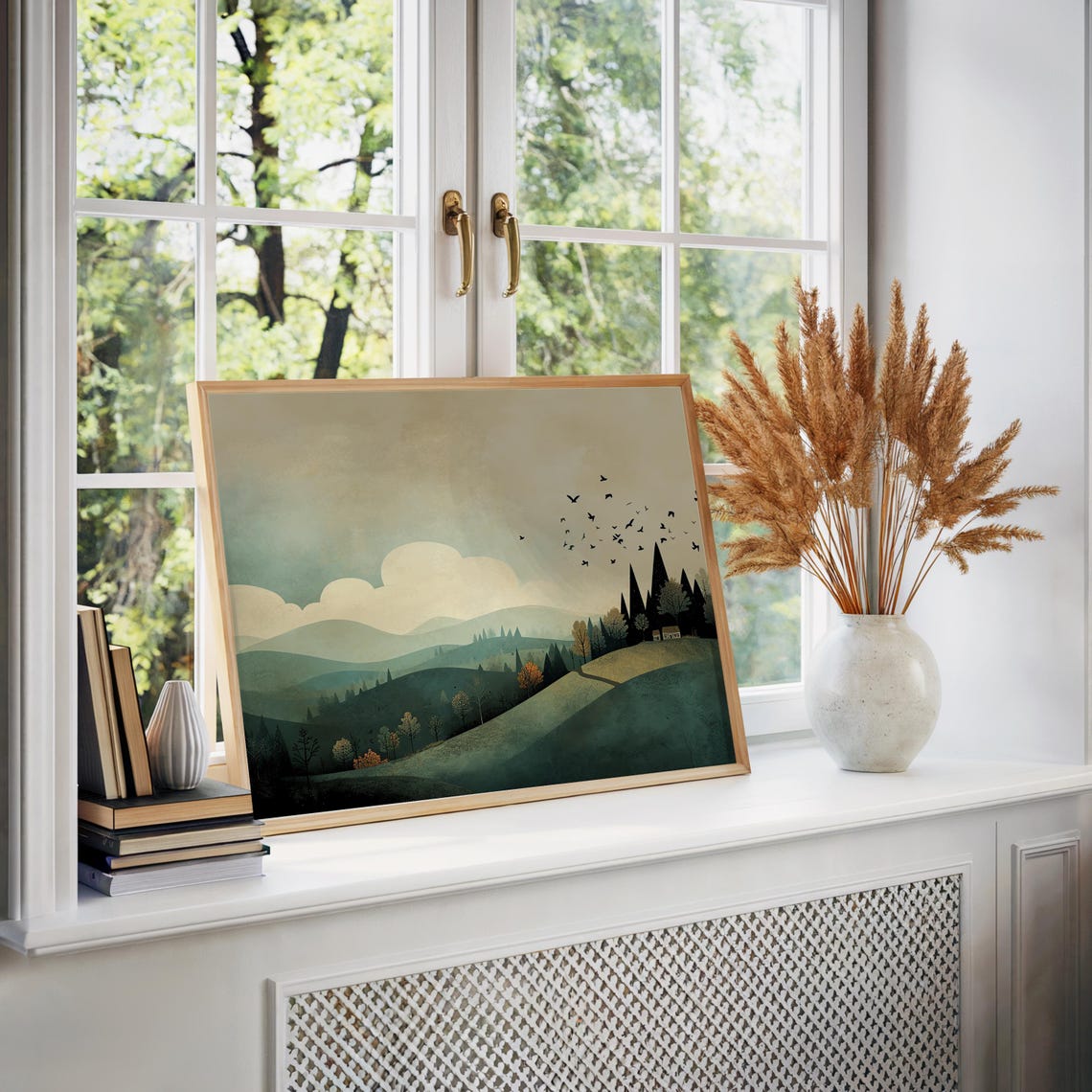 Birds In Flight Misty Green Hills Cabin Landscape Nature Poster