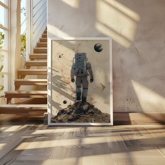 Astronaut On Hill Art Poster Planetary Background Space Man Illustration Scifi Decor Cosmic Artwork 20 X 28