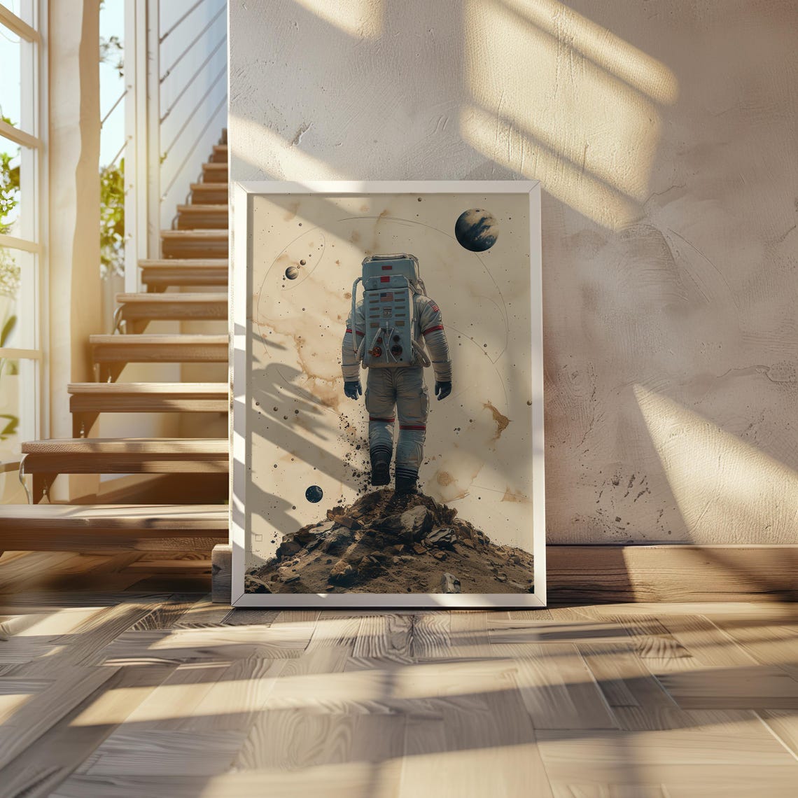 Astronaut on Moon Mound Vintage Star Map Space Explorer Wall Art