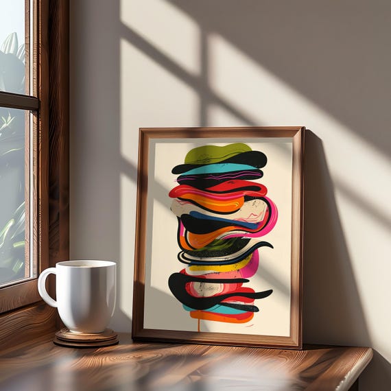 Midcentury Modern Psychedelic Shoe Stack Vibrant Colors Art Unique Style Medium Screen Print Retro Fashion