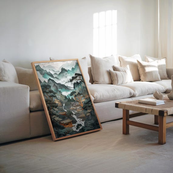 Midcentury Modern Mountain River Art Gouache Illustration Monochrome Matte Muted Colors Vintage Poster Nature Inspired Wall