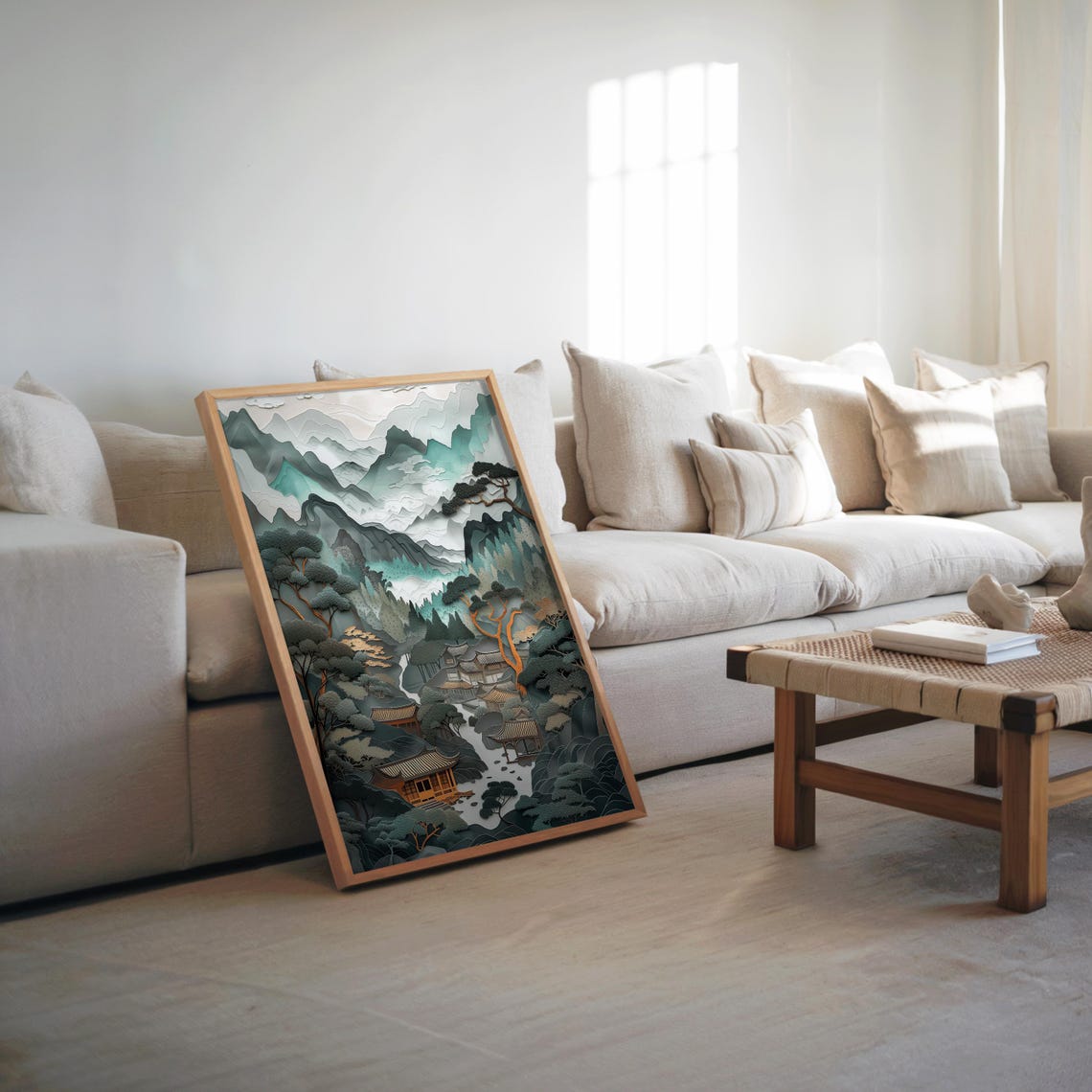 Midcentury Japanese Mountain Temple River Landscape Gouache Art Poster
