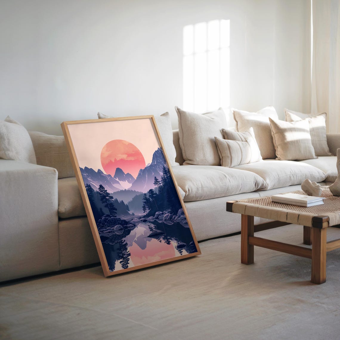 Pink Sunset Mountain Lake Pine Forest Reflection Landscape Poster
