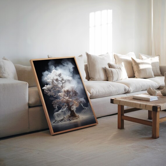 Mystical White Tree in Smoke Dreamlike Surreal Black Art Poster