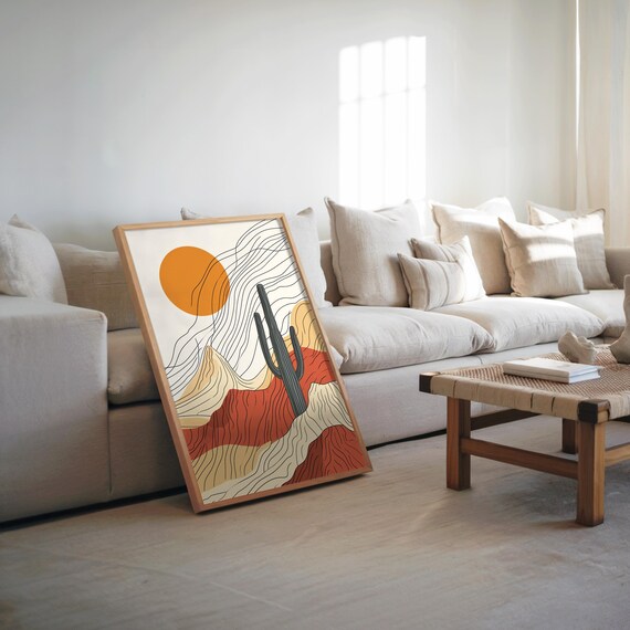 Midcentury Desert Saguaro Cactus Orange Sun Boho Line Art Poster