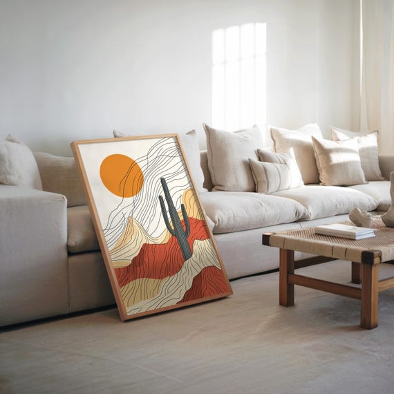 Midcentury Modern Poster Desert Scene Art Cactus And Sun Illustration Memphis Design Vector Wall Decor Retro Style