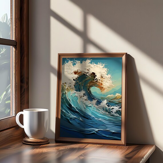 Maximalist Teal Ocean Wave Curl Modern Coastal Surf Art Poster