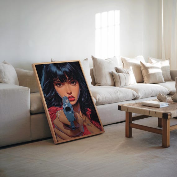 Anime Style Woman With Gun Art Poster Cool Warm Tones Cinematic Vibe Highly Detailed Comic Illustration Wall