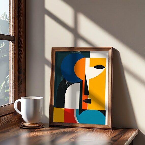 Colorful Abstract Male Face Poster Midcentury Modern Art Gouache Print Green Blue Yellow Red Palette