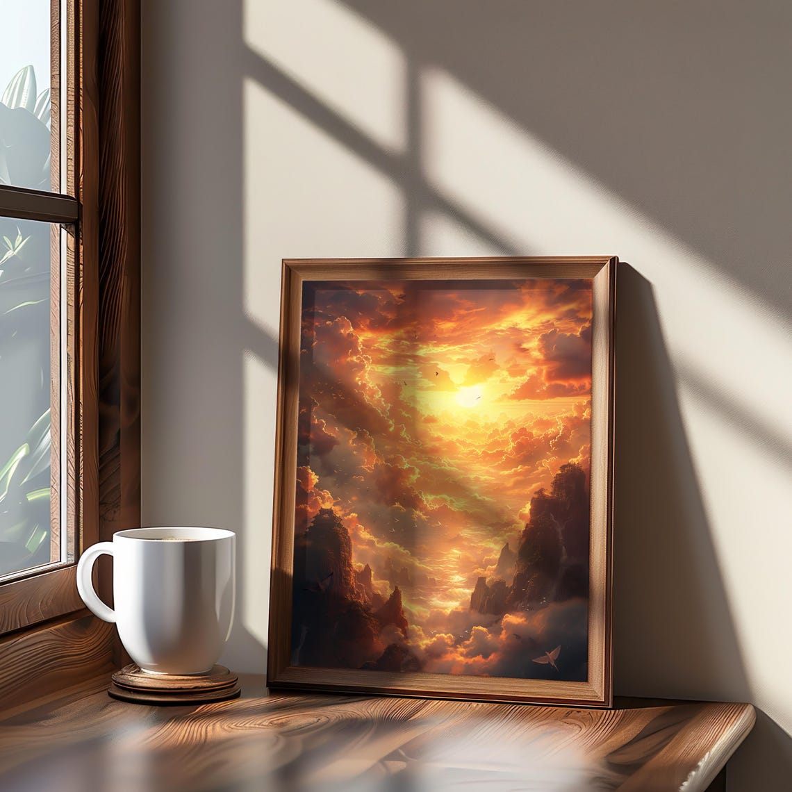 Dramatic Orange Sunset Over Clouds Birds Cinematic Sky Scene Poster