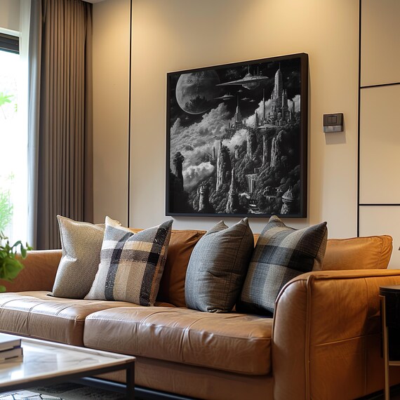 Futuristic City Skyline Retrofuturism Poster Airbrush Oil Painting Black White Cinematic Art Detailed Brutalist Style
