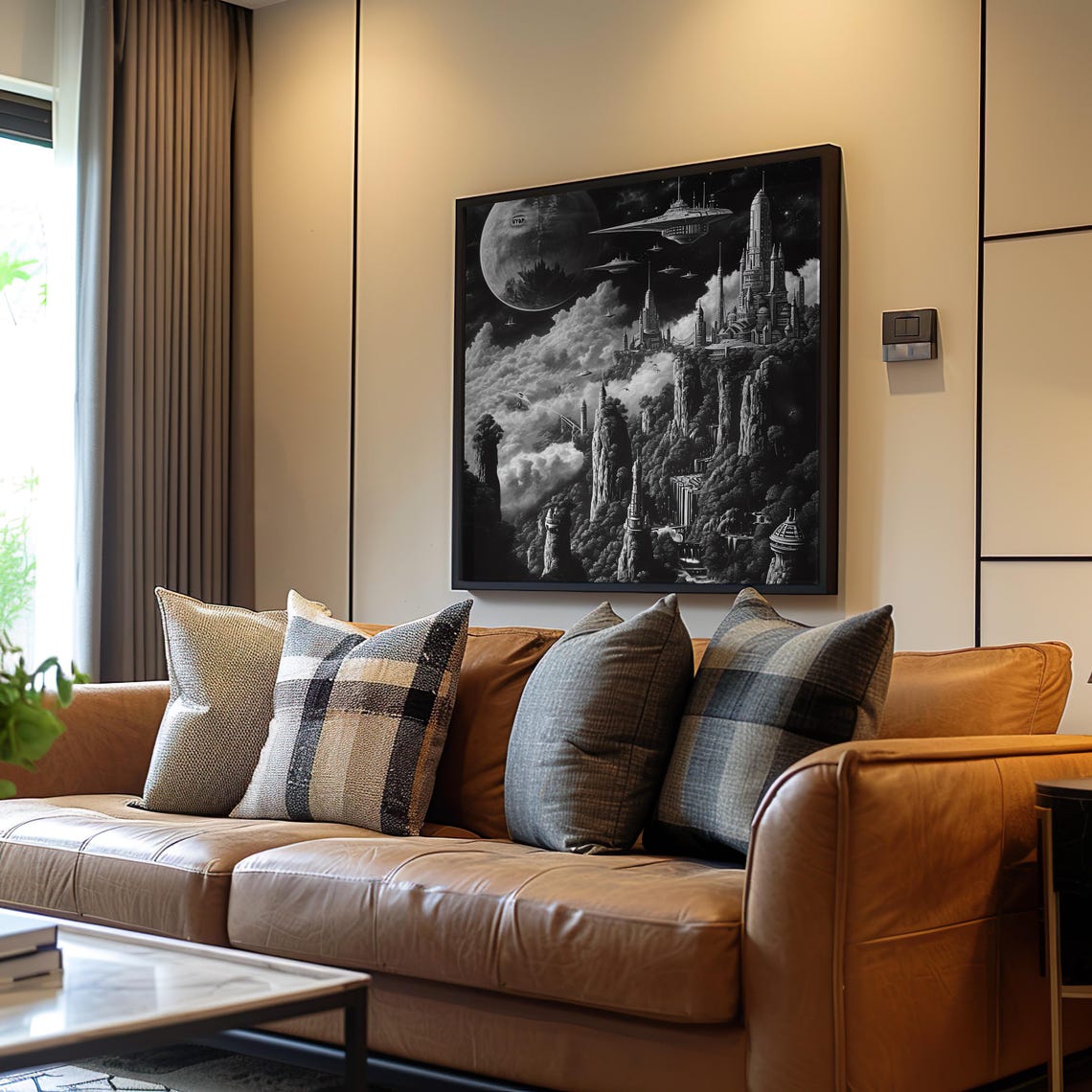 Futuristic City Skyline Black White Retrofuturism Sci Fi Art Poster