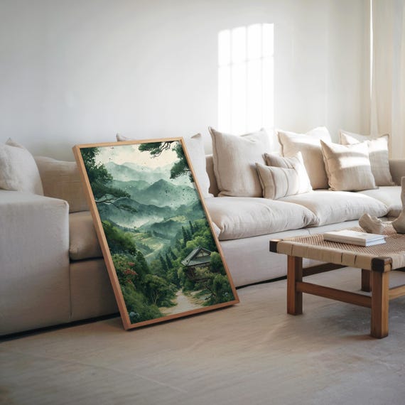 Mountain House Scenery Painting Poster Photorealistic Impressionist Art Muted Cool Tones Landscape Print Wall