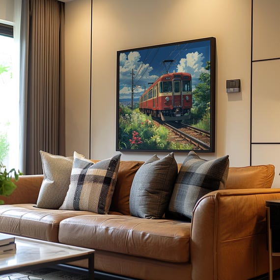 Anime Style Train Journey Red Locomotive Oil Painting Poster Cinematic Pixel Art Warm Tones Vibrant Colors High Details