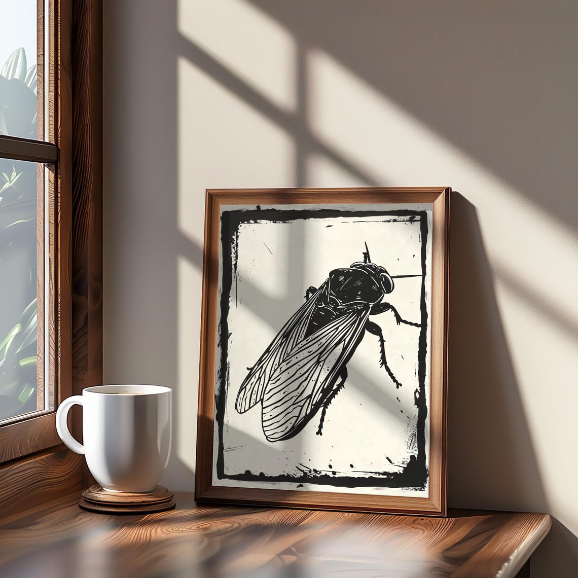 Cicada Insect Ink Drawing Poster Black White Vintage Entomology Art
