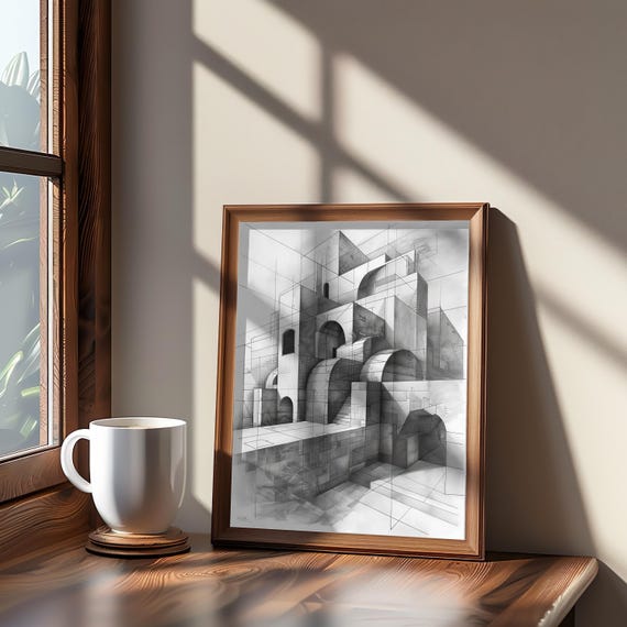 Abstract Brutalist Staircase Cubist Building Ink Drawing Monochrome Illustration Brutalism Art Wall Poster Decor Modern