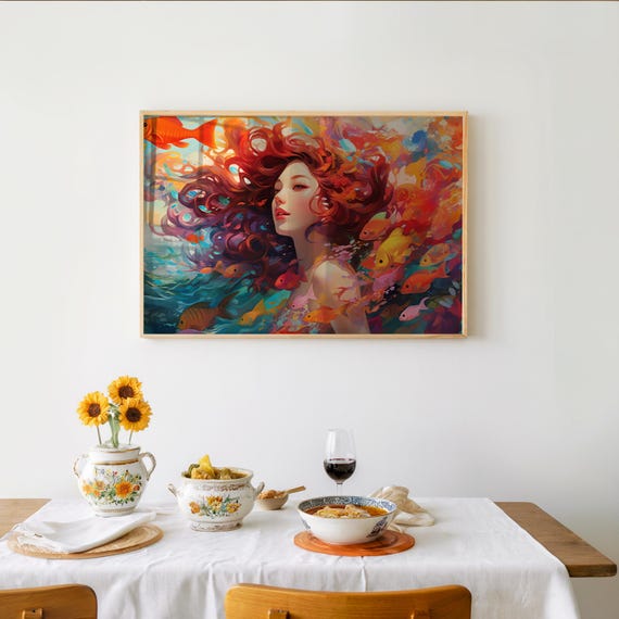 Vibrant Dreamy Fish Impression Poster Red Hair Hues Oil Painting Style Warm Tones Art Print Illustrative