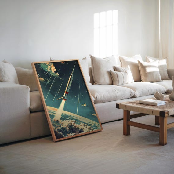 Retrofuturism Space Rocket Midcentury Modern Collage Gouache Art Pastel Muted Colors Cin