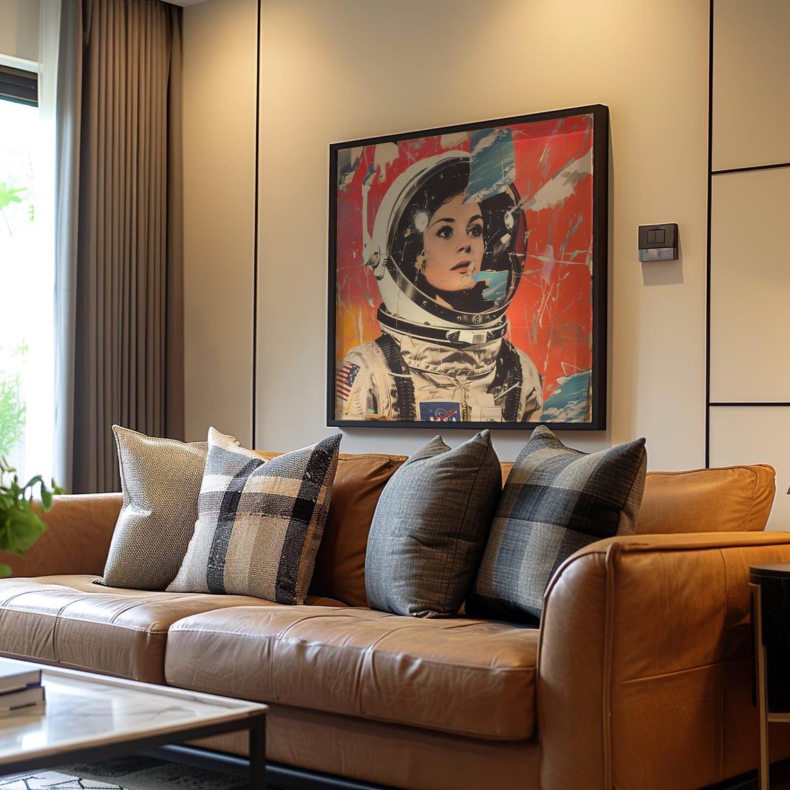 Woman Astronaut Retro Futurism Collage Vibrant Red Wall Poster