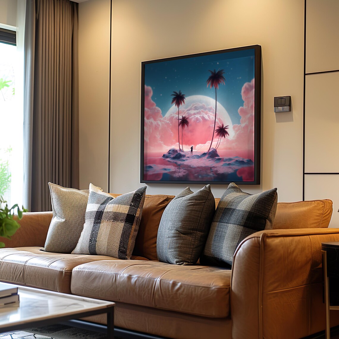 Vaporwave Island Poster Pink Moon Palms And Dreamy Clouds Retro Art