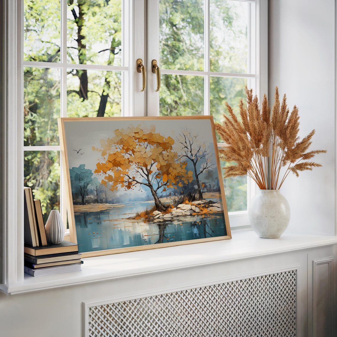 Golden Autumn Tree Lakeside Impressionist Oil Painting Wall Art