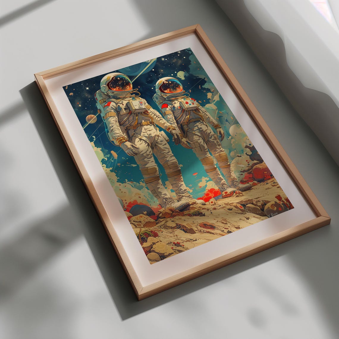 Astronauts Moon Surface Psychedelic Retro Space Exploration Poster