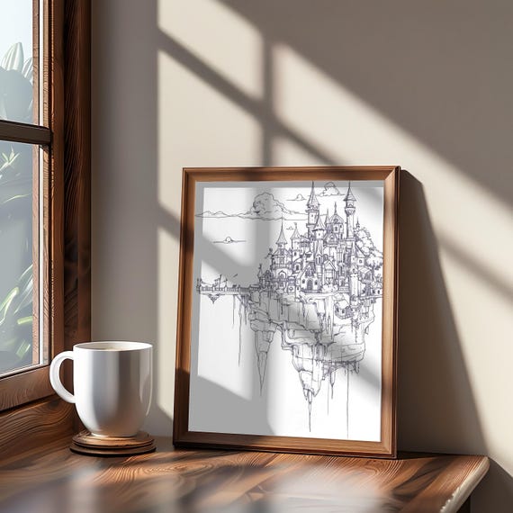 Steampunk Surreal Castle Floating Island Art Ocean Ink Drawing Illustration Monochrome Black Hivibe Wall Poster