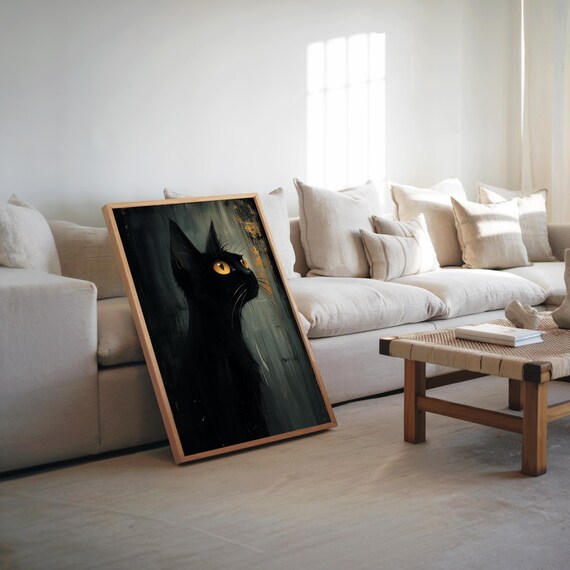 Black Cat Golden Eyes Moody Midcentury Modern Painting Poster