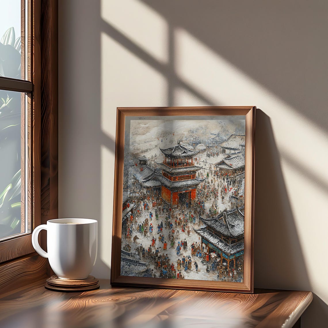 Snowy Chinese Temple Fair Impressionist Winter Painting Poster