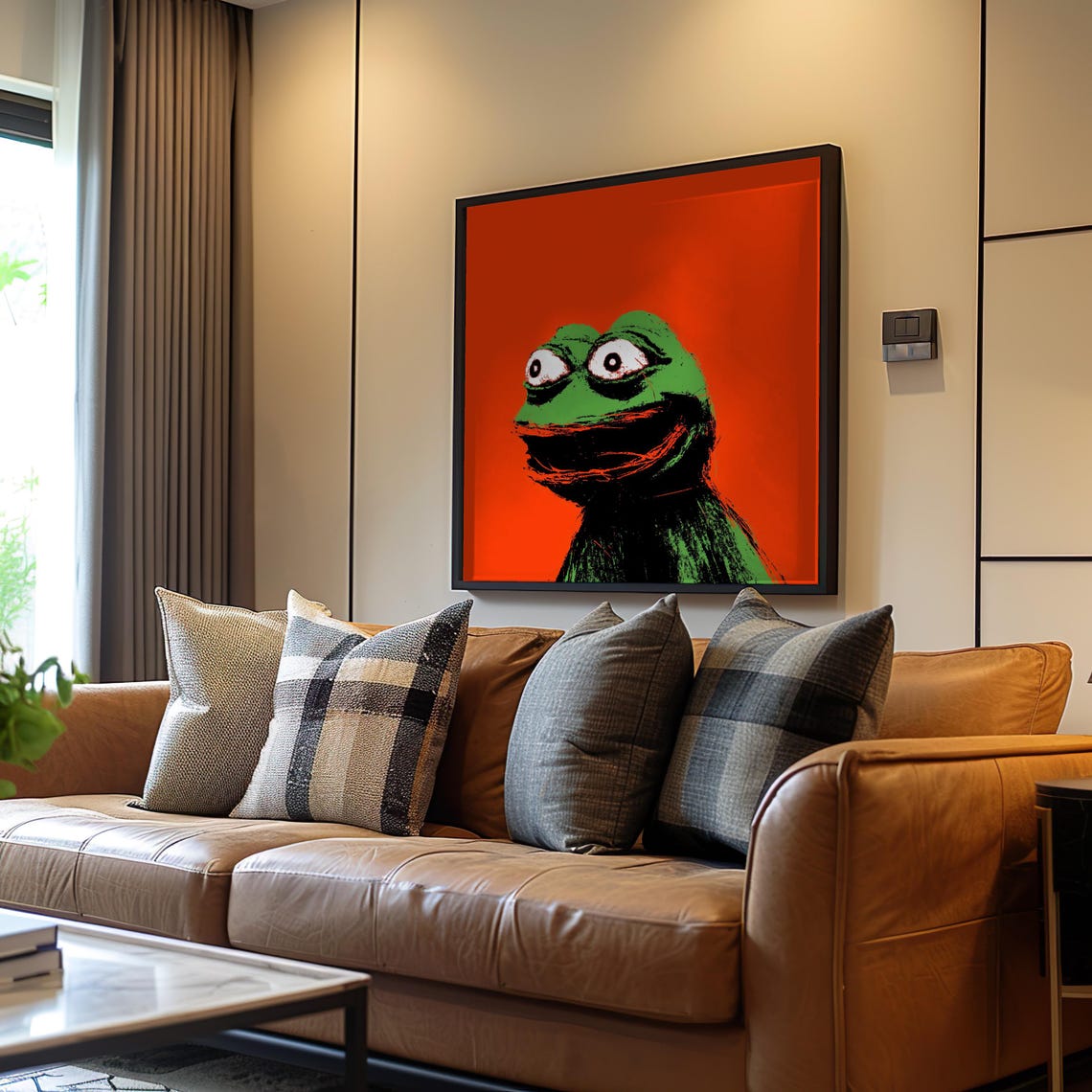Bold Green Frog Pop Art On Orange Background Funny Wall Poster