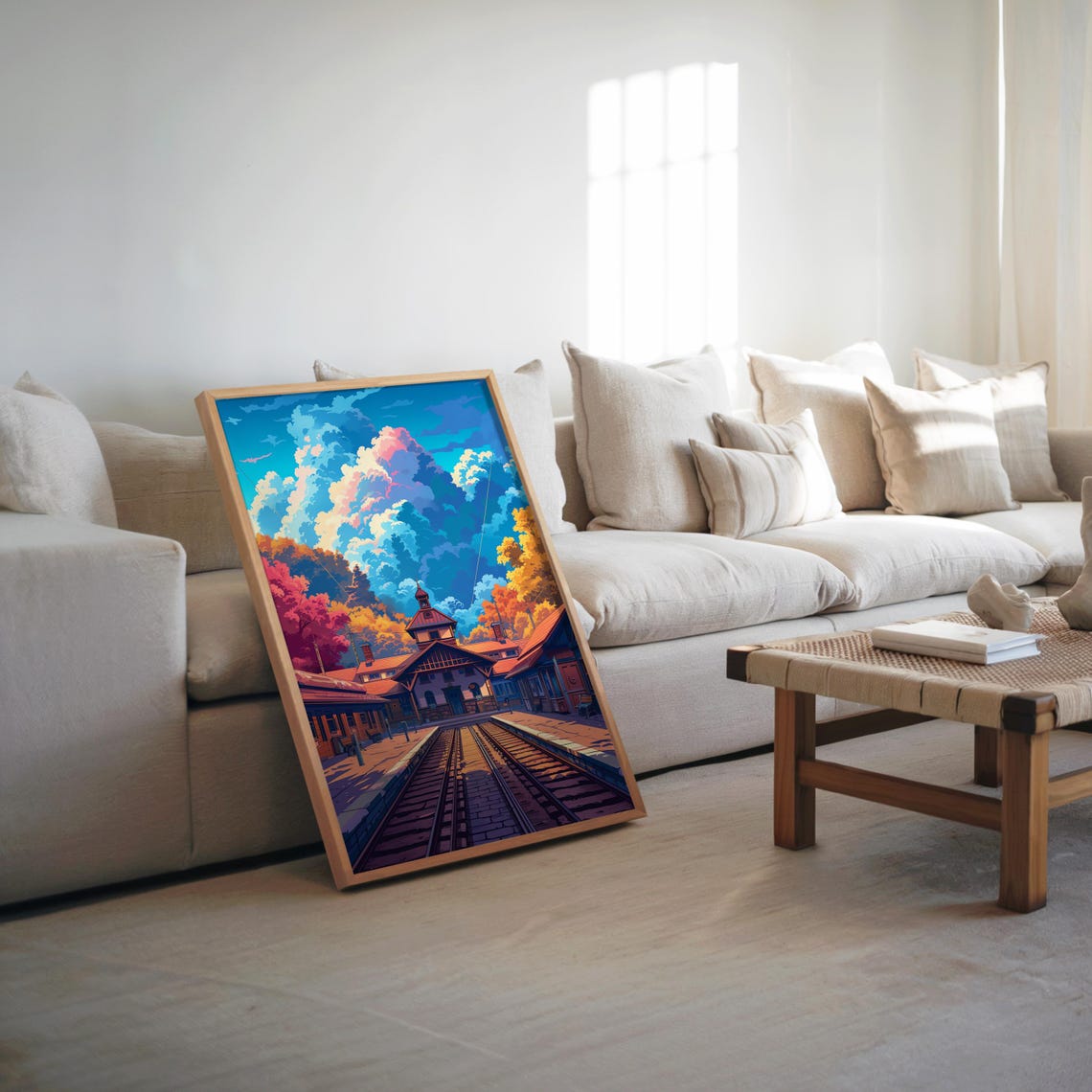 Impressionist Anime Train Station Pixel Art Poster Illustration Vibrant Warm Tones Cinematic Atmosphere Modern Wall
