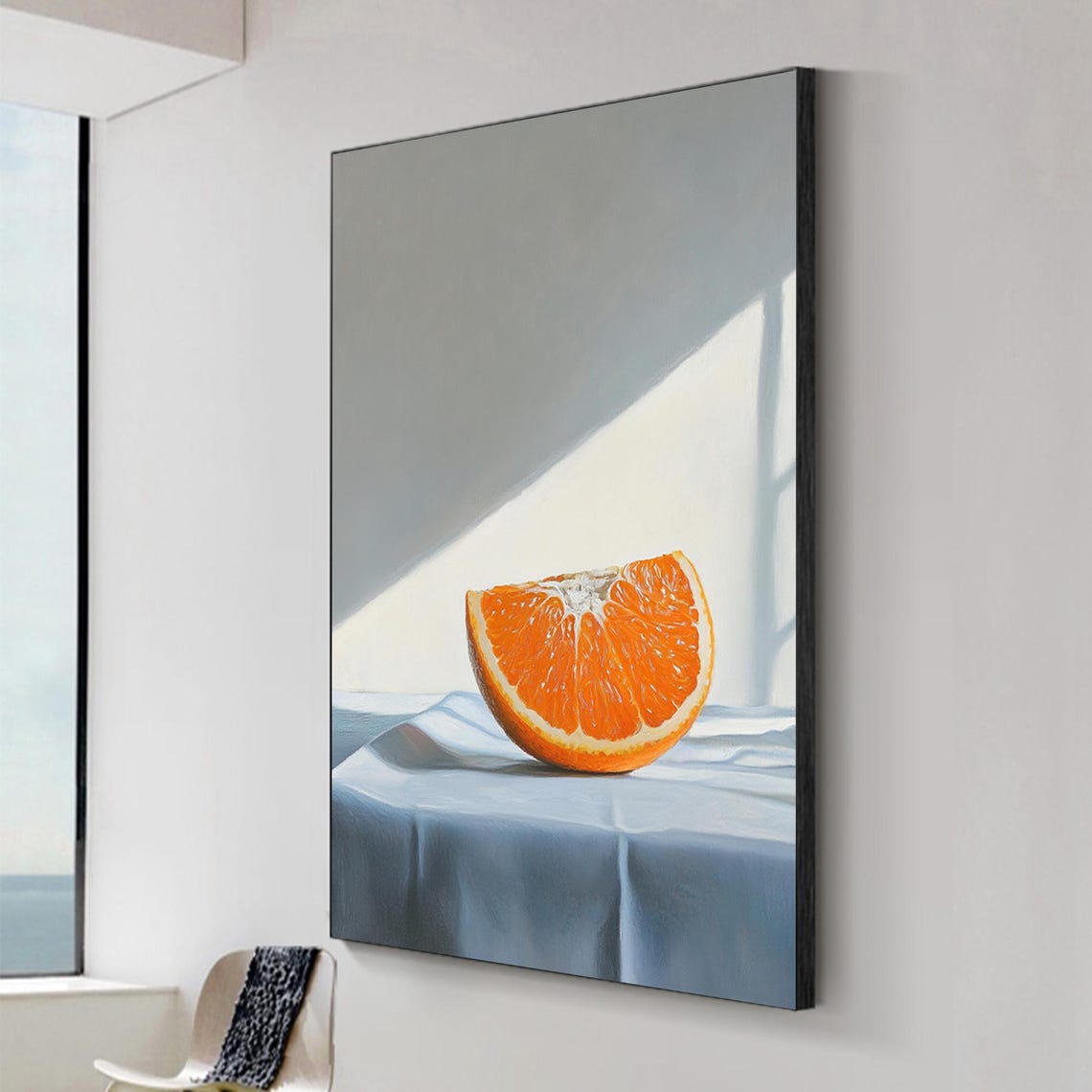 Sunlit Orange Slice On White Cloth Minimal Fruit Painting Poster - Image 2