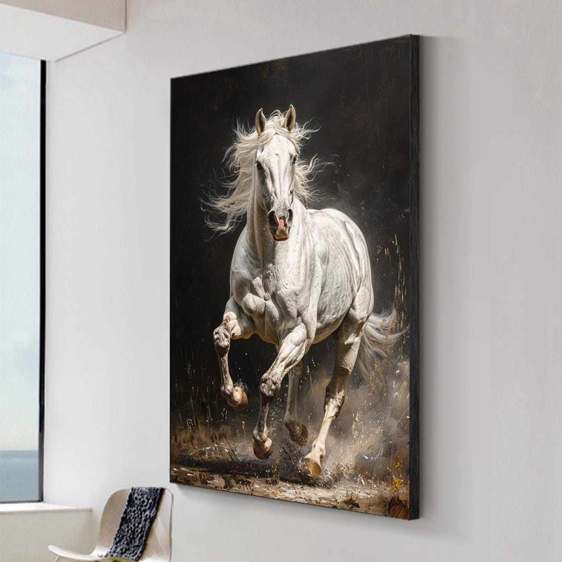 Hand Painted Running Horse Oil Painting Animal Portraits Painting White Horse Abstract Wall Art Modern Animal Painting For Living Room - Image 2