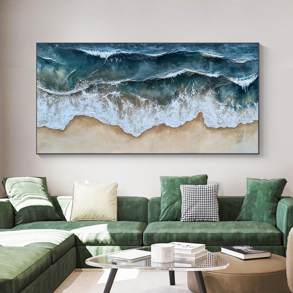 Aerial Ocean Waves Teal White Foam Sandy Shore Coastal Poster - Image 3