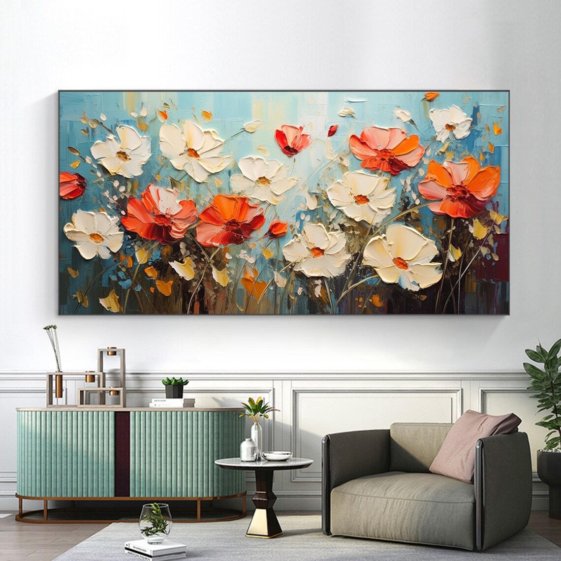 Red White Orange Wildflowers On Teal Impasto Painting Poster