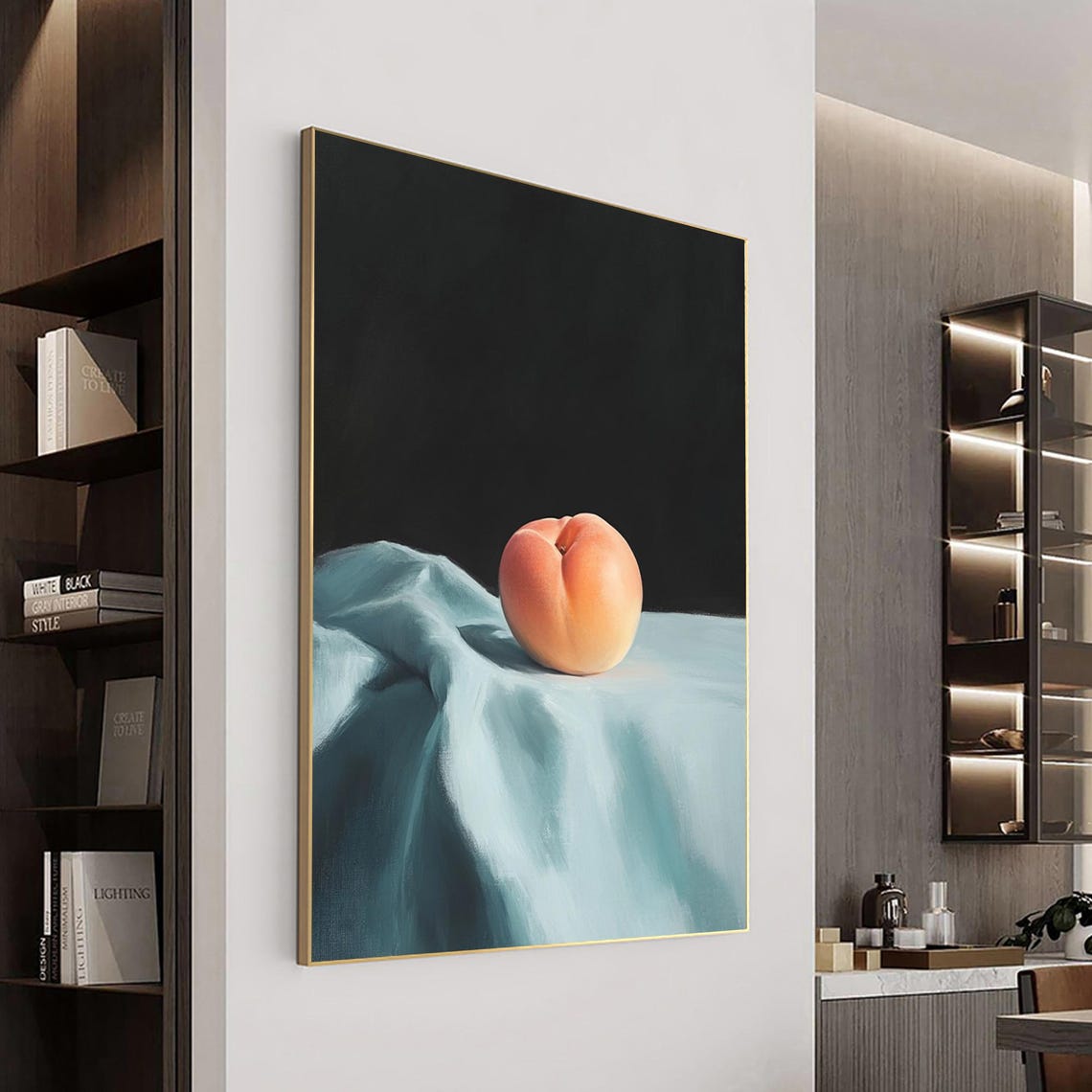 Single Peach On Blue Cloth Dark Background Still Life Poster - Image 3