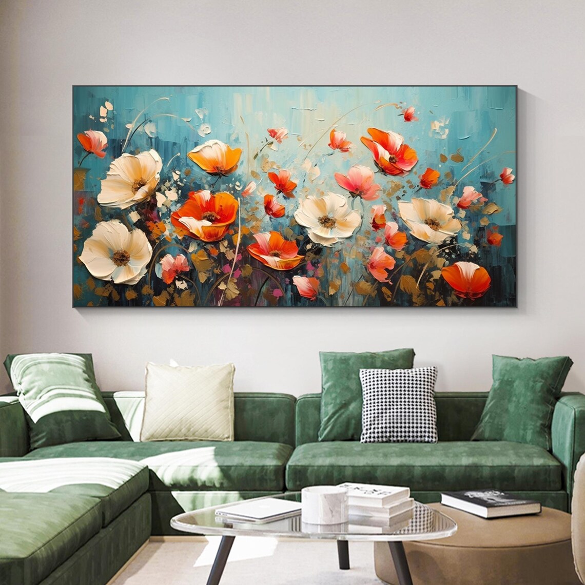 Orange Red Poppy Wildflowers On Teal Blue Wide Painting Poster - Image 3