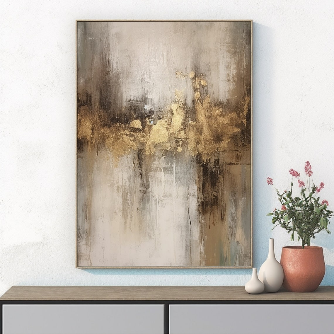 Gold Leaf Accent Abstract Painting With Grey And Cream Tones Poster - Image 3