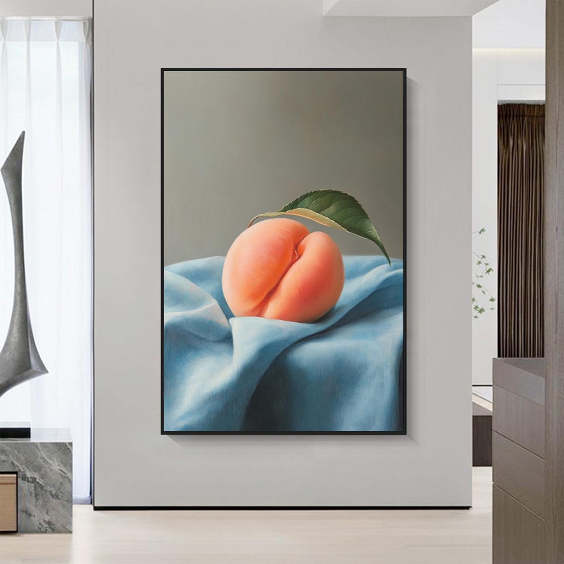 Realistic Ripe Peach Still Life Painting On Blue Silk Cloth Poster - Image 2