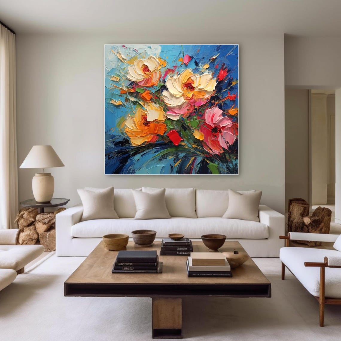 Vibrant Impasto Flower Bouquet On Cobalt Blue Oil Painting Poster - Image 2