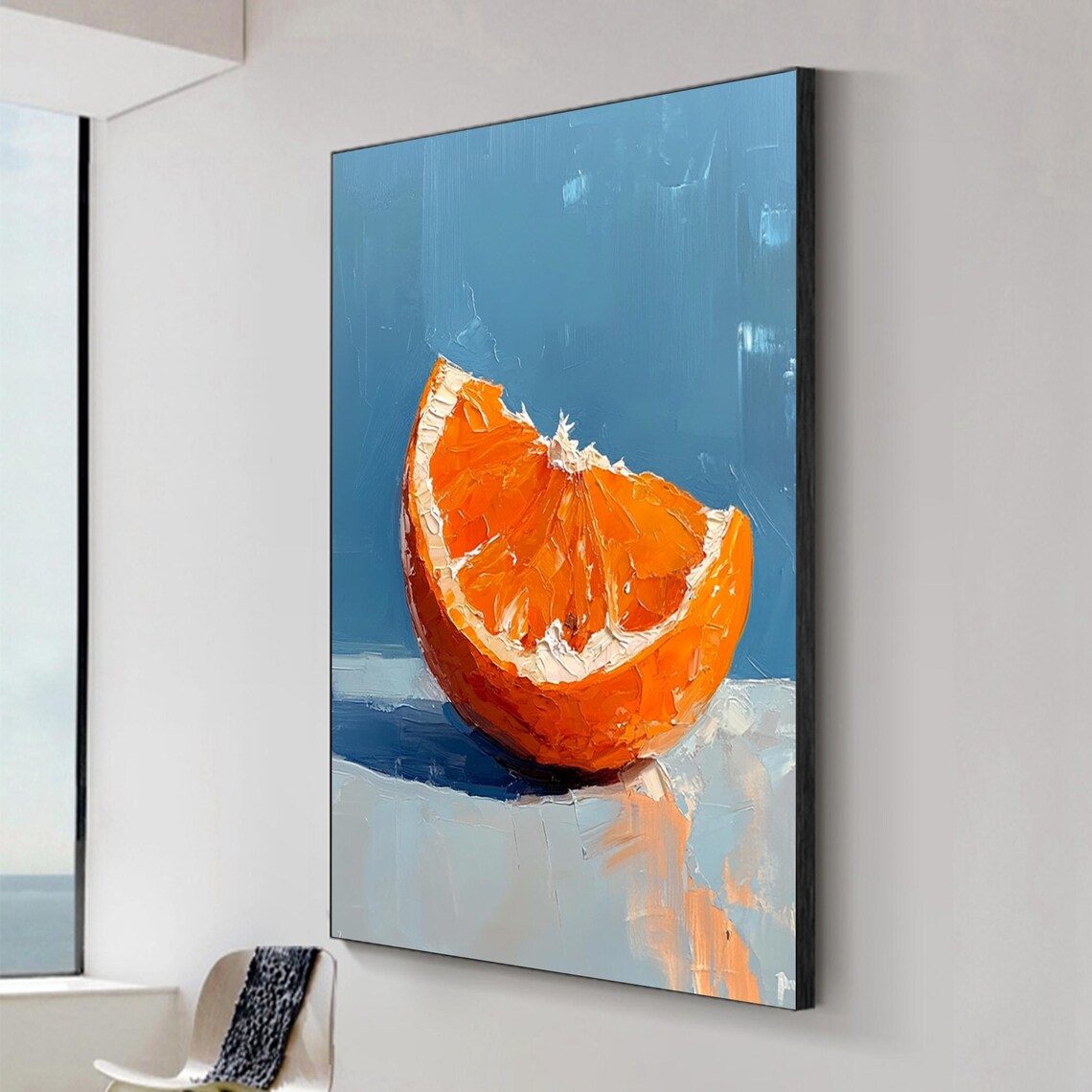 Fresh Orange Half Slice Impasto Still Life Blue Art Wall Poster - Image 2