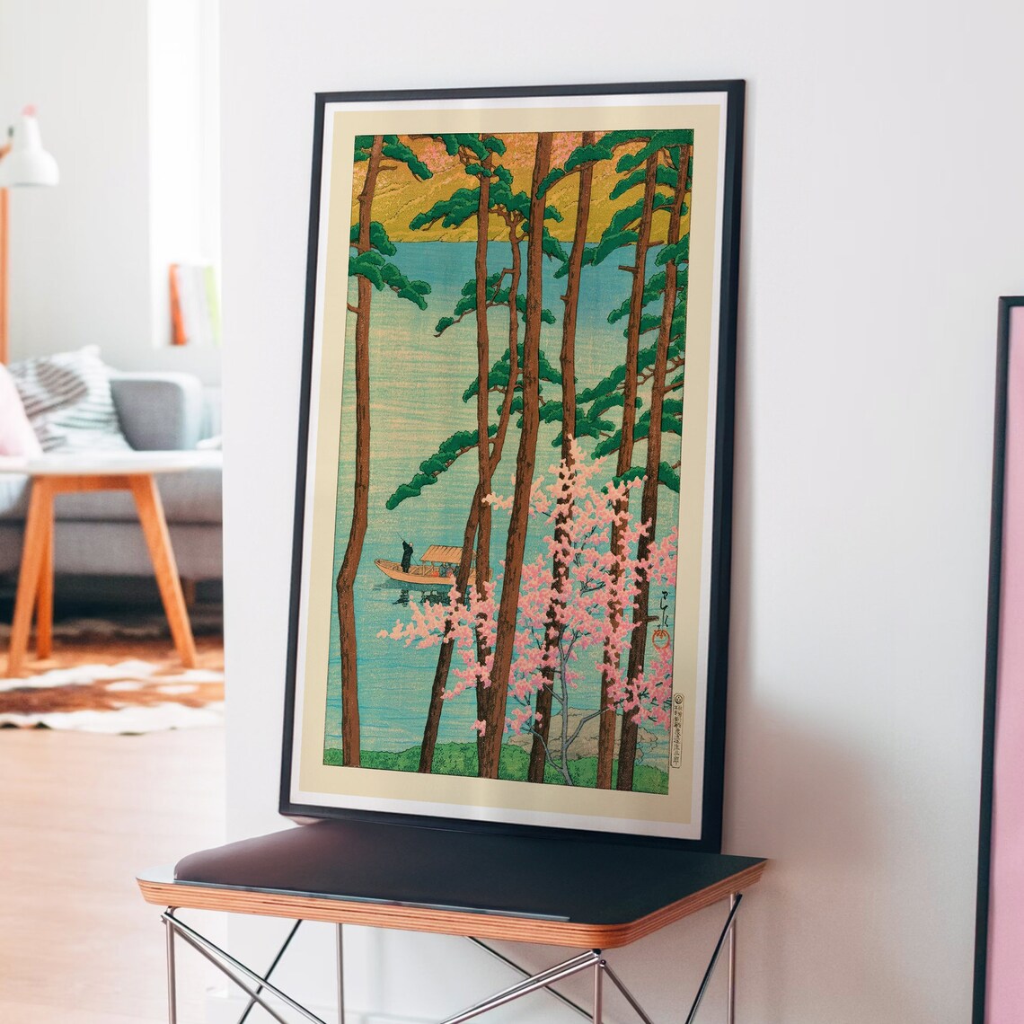 Kawase Hasui Cherry Blossom Pines Lake Boat Vintage Woodblock Art Poster - Image 3
