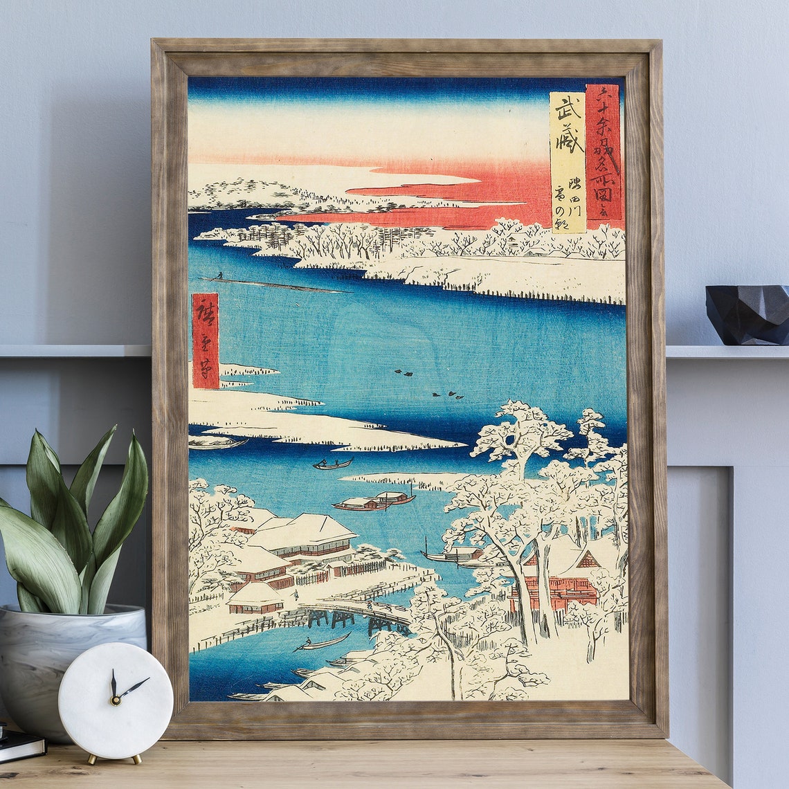 Utagawa Hiroshige Snowy River Winter Dawn Boats Woodblock Art Poster - Image 3