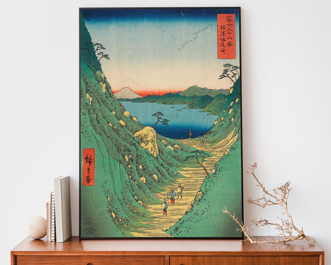 Hiroshige Suwa Pass Travelers With Mount Fuji Lake View Poster