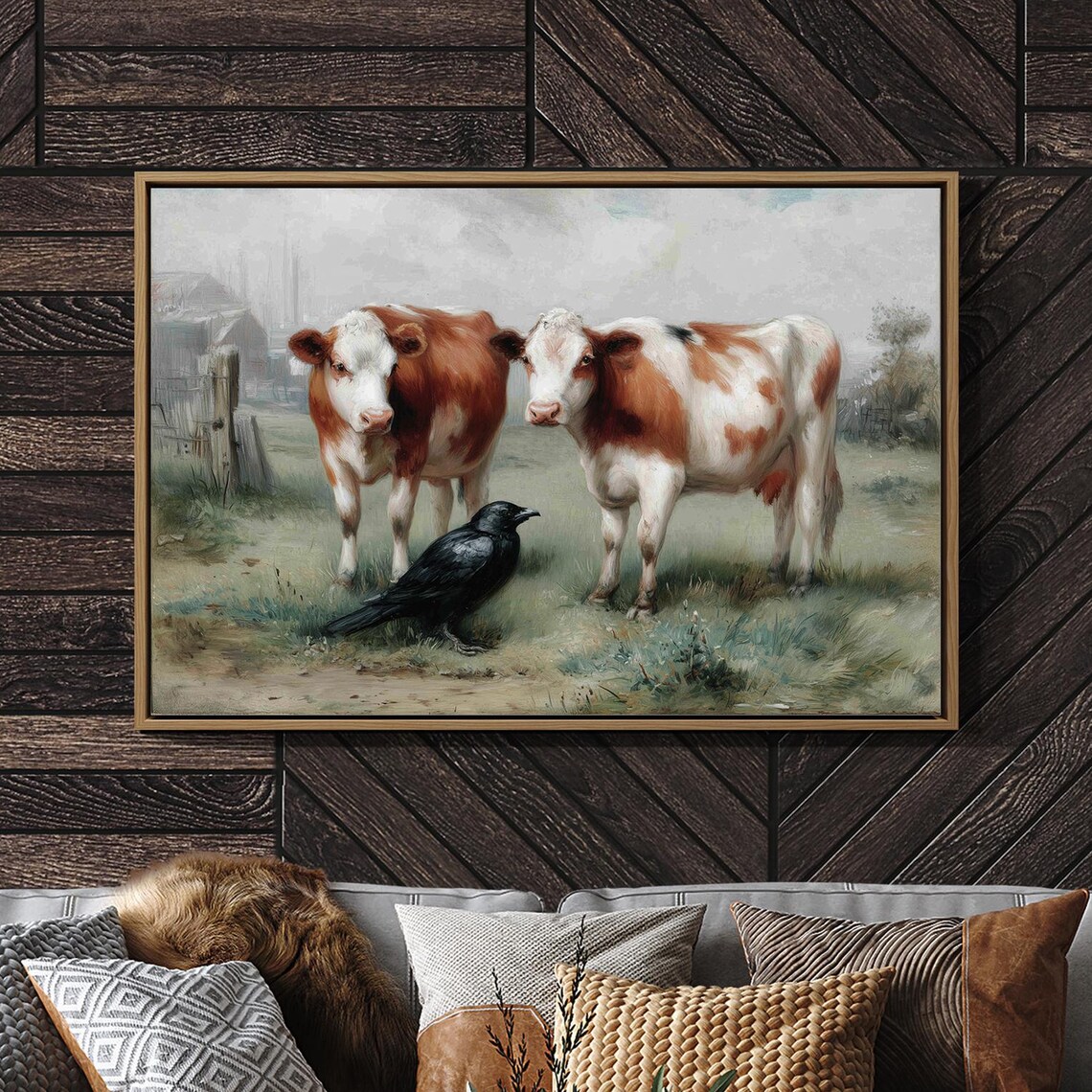 Two Dairy Cows With Black Crow, Farm Art Print
