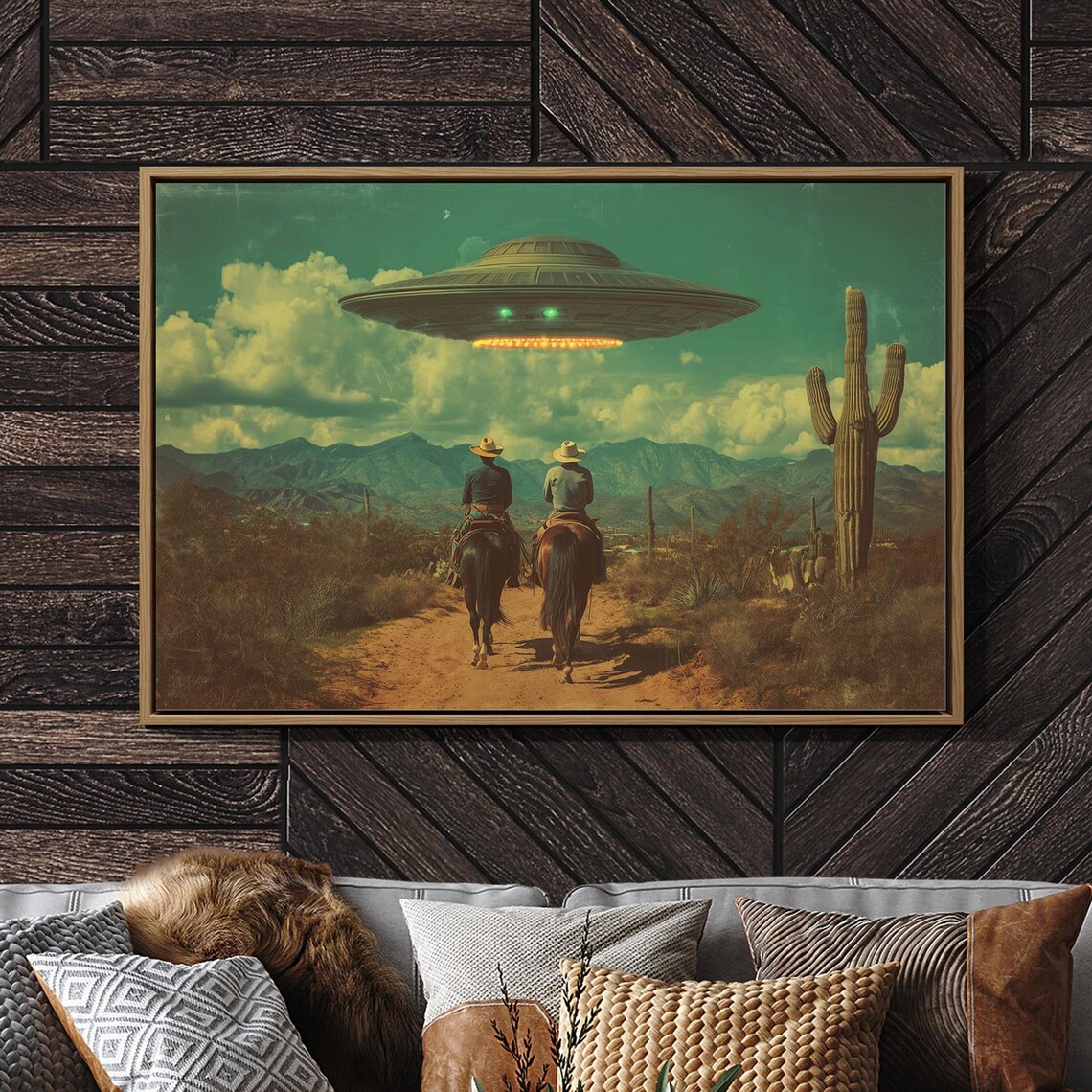 Cowboys Encounter UFO In Desert Skies Sci Fi Western Art Poster