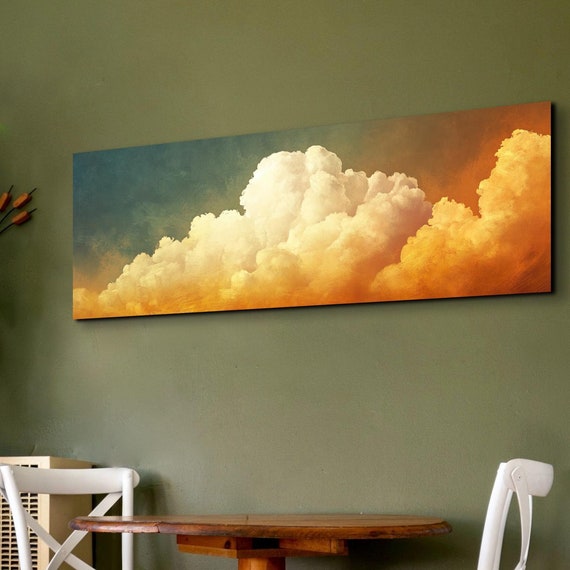 Beautiful Serene Clouds Gold Green Landscape Art Ready To Hang Panoramic Wall Art Print Large Wall Art