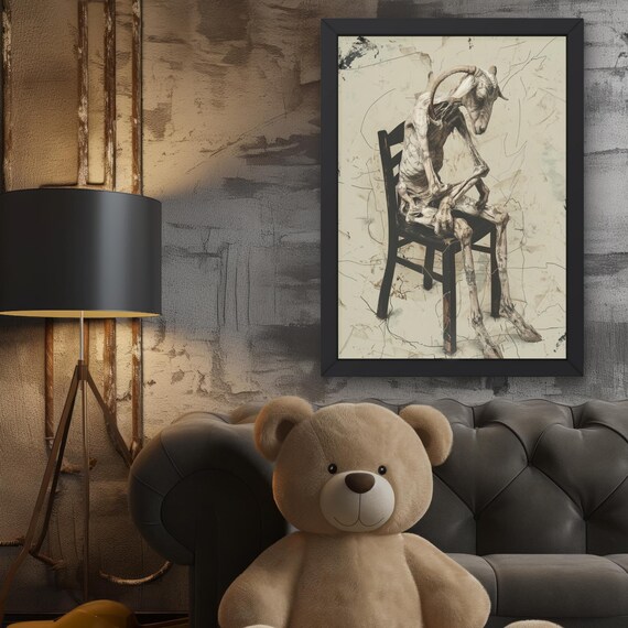 Emaciated Goat on Chair Distressed Gothic Sketch Dark Art Wall Poster